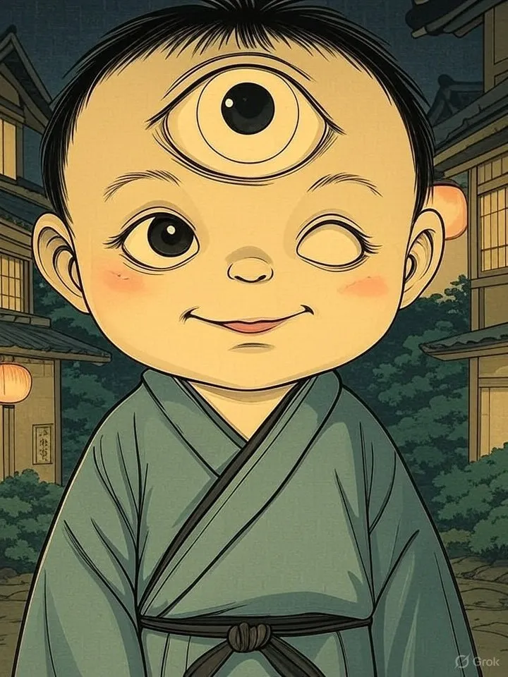 Japanese yokai boy with one eye
