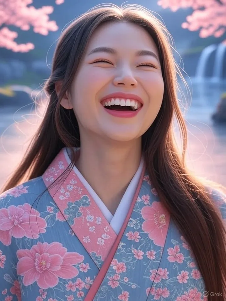 Laughing yokai woman in sky